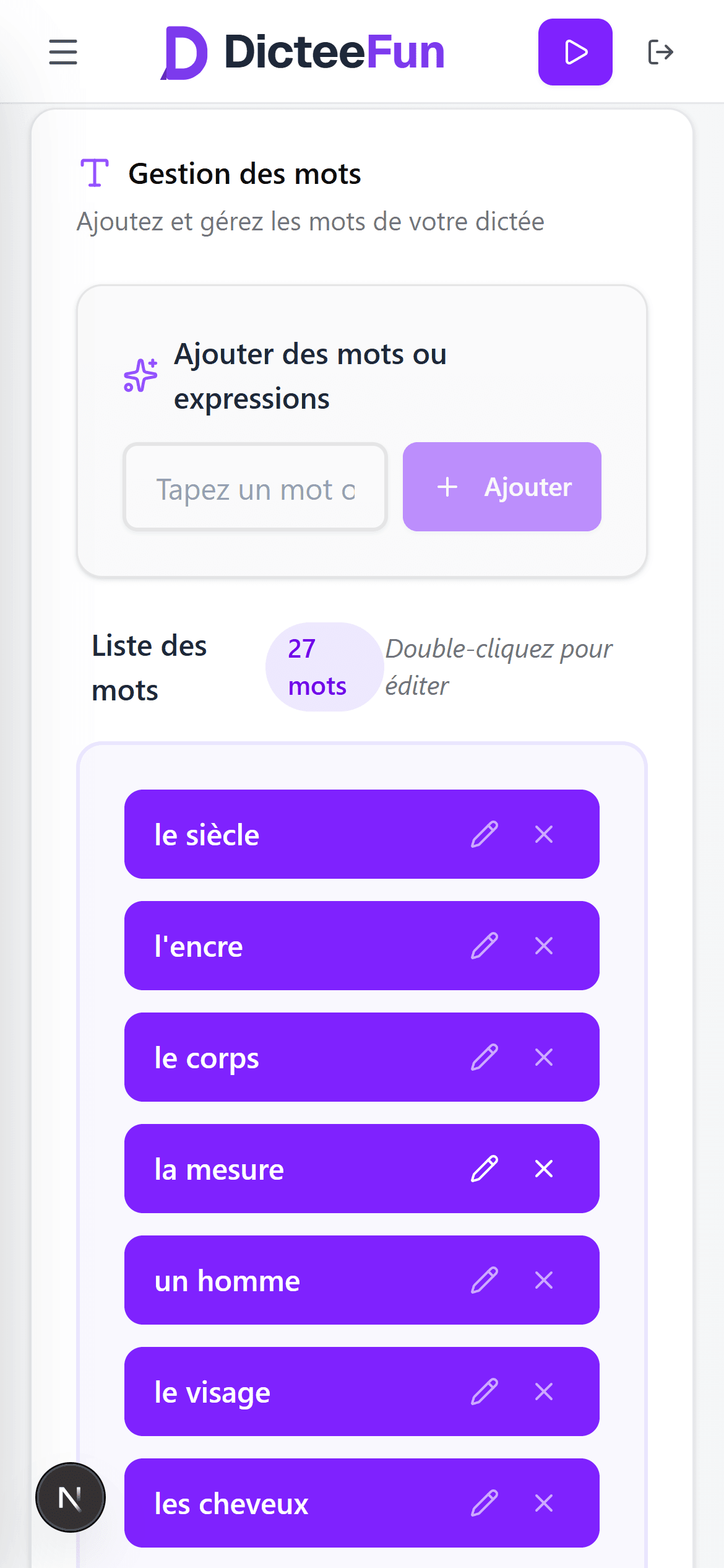 Mots extraits automatiquement par l'application